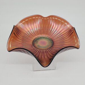 Vintage Carnival Glass Bowl Double Crimped Vertical Rays 9.5" Diameter